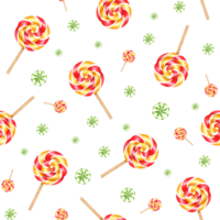 Seamless pattern of spiral lollipops, circle candies. Bonbons with striped swirls, sugar caramel in stick. Watercolor illustration. Delicious ornament for textiles, stationery, prints, posters png