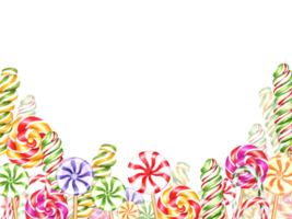 Mix colorful lollipops. Spiral lollipop, circle candies, bonbons with striped swirls, sugar caramel on stick. Horizontal frame with copy space for text. Watercolor illustration png