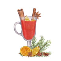 Winter beverage, Christmas Spices. Hot spicy punch. Spruce branch, dried orange slices. Mulled red wine with cinnamon sticks, star anise, orange. Watercolor illustration png