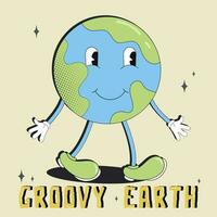 Retro groovy cartoon style earth planet.Earth Day.70s. Save the Earth. Cartoon cute earth planet character. Concept of World Environment Day in retro style. World Environment Day vector