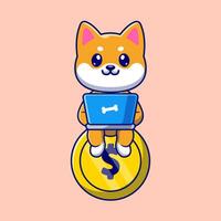 linda shiba inu perro sentado en oro moneda y operando ordenador portátil dibujos animados vector icono ilustración. animal negocio icono concepto aislado prima vector. plano dibujos animados estilo