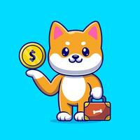 Cute Shiba Inu Dog With Gold Coin And Suitcase Cartoon  Vector Icon Illustration. Animal Business Icon Concept  Isolated Premium Vector. Flat Cartoon Style