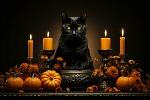 Charming Halloween centerpiece with black cat candle isolated on a gradient background photo