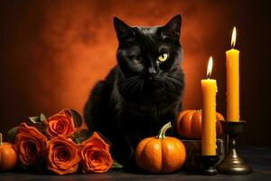 Charming Halloween centerpiece with black cat candle isolated on a gradient background photo