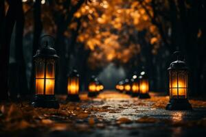 Glowing Halloween pathway lights eerie outdoor scene background with empty space for text photo