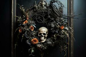 Gothic inspired Halloween wreath hanging exuding an eerie charming and festive vibe photo