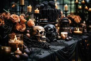 Mysterious Halloween table setup with creepy decorations and candlelight photo