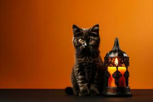 Charming Halloween centerpiece with black cat candle isolated on a gradient background photo