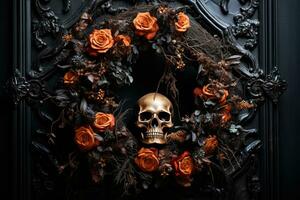 Gothic inspired Halloween wreath hanging exuding an eerie charming and festive vibe photo