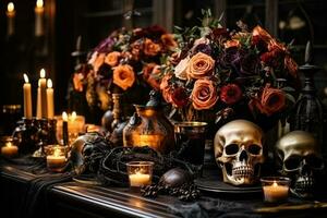 Mysterious Halloween table setup with creepy decorations and candlelight photo