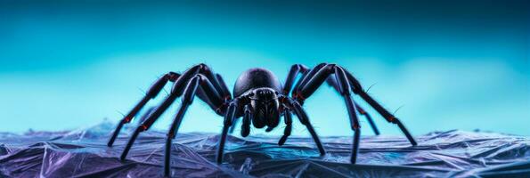 A DIY creepy spider Halloween yard decoration isolated on a gradient background photo