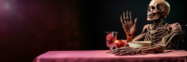 A chilling Halloween table setting with skeletal hands isolated on a gradient background photo