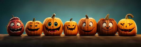 Inventive Halloween pumpkin stand with carved faces isolated on a gradient background photo