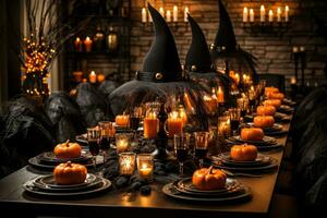 Enchanting centerpiece featuring witch hats cobwebs and candles for Halloween dinner photo