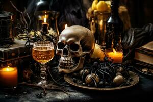 Mysterious Halloween table setup with creepy decorations and candlelight photo