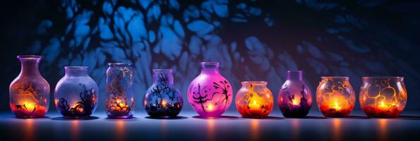 An enchanting Halloween candle display with mystic symbols isolated on a gradient background photo