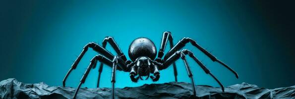 A DIY creepy spider Halloween yard decoration isolated on a gradient background photo