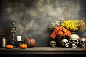 Vintage Halloween mantel decor setup background with empty space for text photo