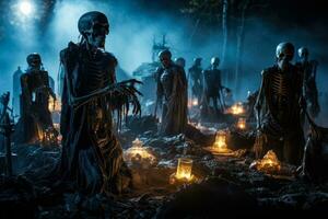 Ghoulishly illuminated graveyard scene for an outdoor Halloween terror spectacle photo