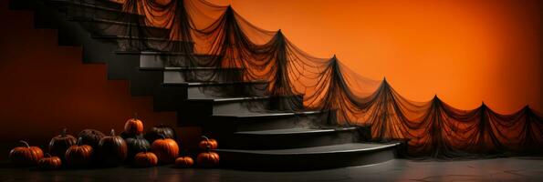 A haunting staircase draped with Halloween spider webs isolated on a gradient background photo