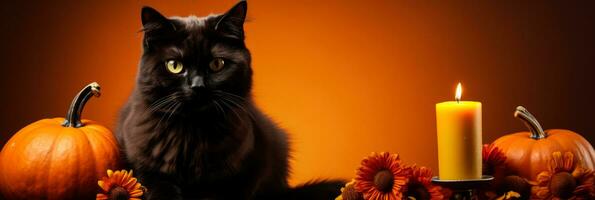 Charming Halloween centerpiece with black cat candle isolated on a gradient background photo