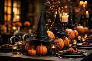 Enchanting centerpiece featuring witch hats cobwebs and candles for Halloween dinner photo