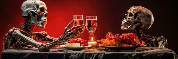 A chilling Halloween table setting with skeletal hands isolated on a gradient background photo