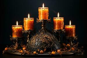 An enchanting Halloween candle display with mystic symbols isolated on a gradient background photo