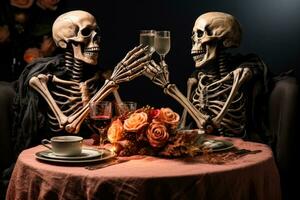 A chilling Halloween table setting with skeletal hands isolated on a gradient background photo