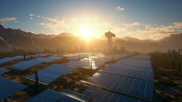 Morning sun over solar power plant, harnessing clean energy photo