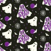 Scary pattern with Halloween groovy lettering. Flying ghost in flat minimalistic style with slogan Spooky inside. Hand drawn holiday design for party decoration, textile, background, wrapping paper vector