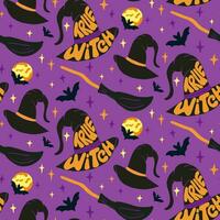 Seamless pattern with Halloween groovy lettering. Hand drawn slogan True Witch in witch hat with mop, bat and moon on purple background. unique design for Halloween party decoration, textile, wrapping vector