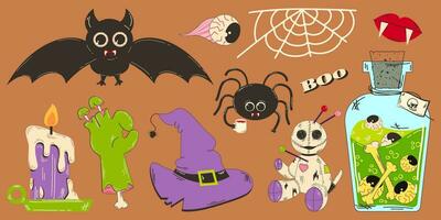 vistoso conjunto de Víspera de Todos los Santos elementos en retro dibujos animados estilo. poción con ojos, araña y murciélago personaje, vudú muñeca y otro elementos. vector