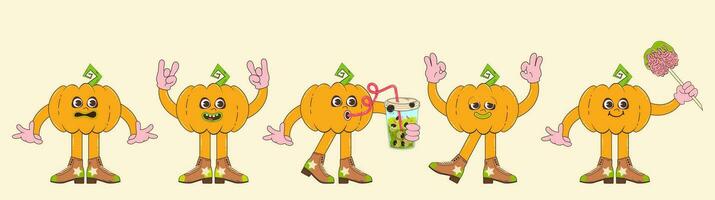 Colorful set of cute pumpkin characters for Halloween in retro cartoon style. Vector illustration of pumpkin mascots with different funny emotions in groove style.