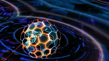 quantum futuristische technologie computer met digitaal ring zeshoek en rood blauw laser animatie Hoes en bescherming en aarde kaart met breedtegraad Lengtegraad scannen video
