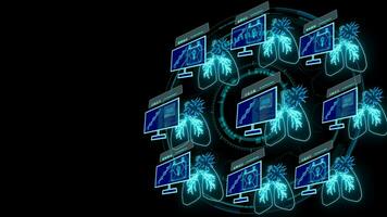 Peer to peer network connection simulation of virus covid 19 on monitor digital lung technology to reseach vaccine about mutation video