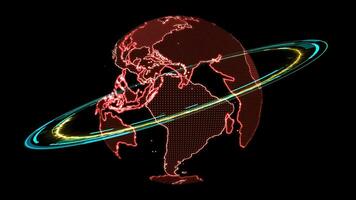 mirar a mirar global red inalámbrico y amarillo láser conexión simulación en monitor digital tecnología rojo anillo video