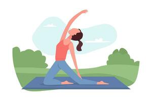 Young woman doing sports exercises in nature. Yoga practice. Healthy lifestyle. Outdoor sports. Isolated vector illustration.