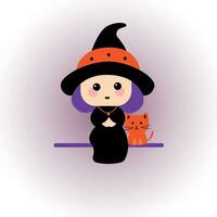 Vector illustration of a cute witch with a cat.