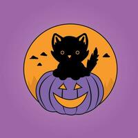 Vector illustration of a black cat on a pumpkin