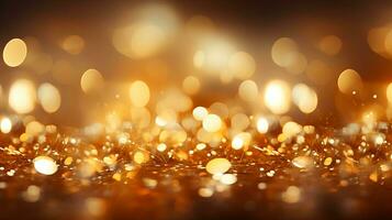 Abstrat Gold background with gold particles and sequins and light bokeh. Generative AI photo