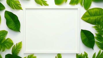 abstract blank frame mockup layout with leaves isolated on white background,  ai generative photo