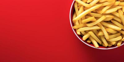 colorful minimalist bowl of crispy French fries top view layout isolated on red background, photo