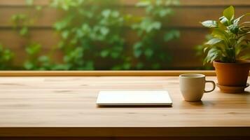 wooden table with cup of coffee and laptop work space table in green simple leaves in background, ai generative photo