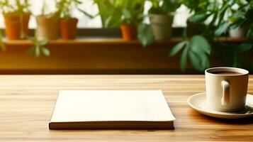 wooden table with cup of coffee and notebook work space table in green simple leaves in background ai generative photo