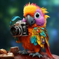 A colorful parrot with a camera generated by Ai photo