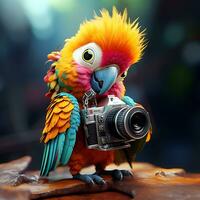 A colorful parrot with a camera generated by Ai photo