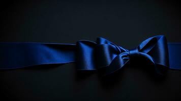 Blue satin ribbon bow on black background. Copy space for text. ai generated photo