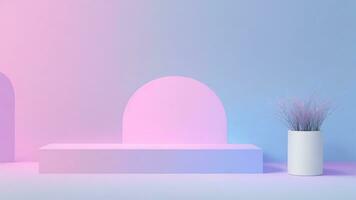 Pink blue gradient podium for product presentation. 3d rendering of minimal geometric forms. ai generated photo
