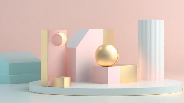 lustroso lujo pastel colores podio con oro, 3d hacer de mínimo geométrico formas ai generado foto